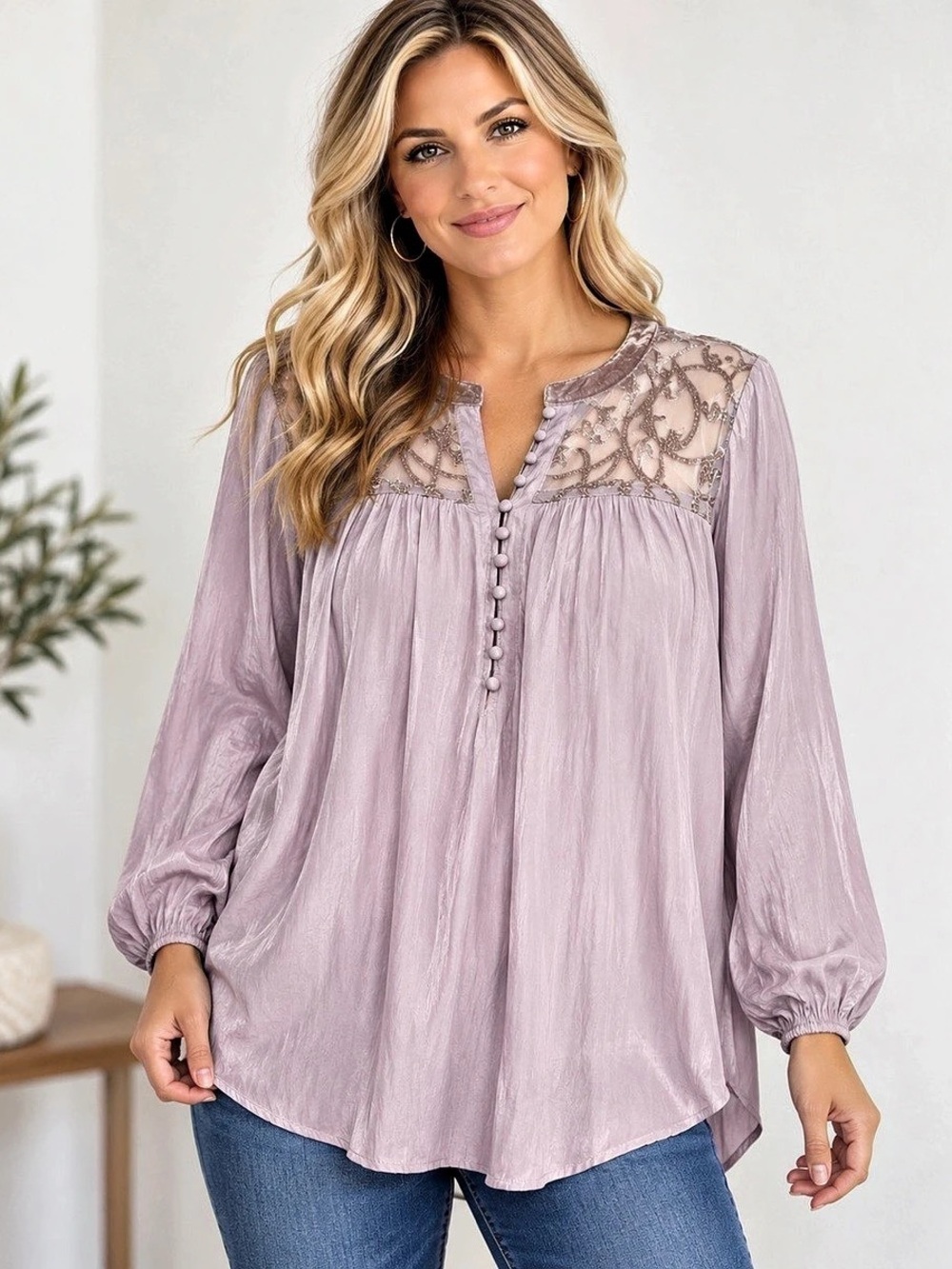 Democracy XL Embroidered Sheer Yoke Blouse Dusty Mauve Boho Babydoll Top
